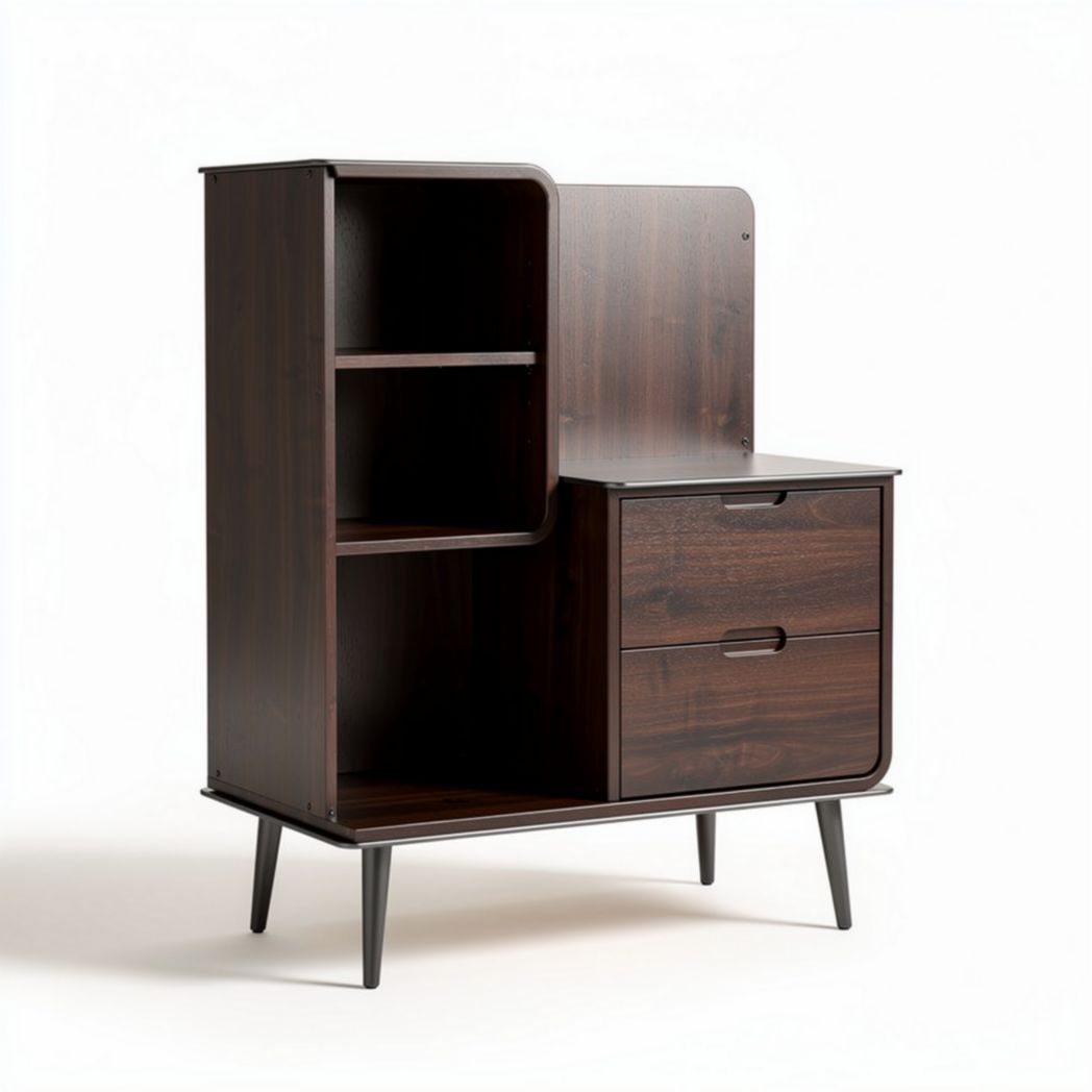 Mid-century modern wood storage cabinet with two drawers and open shelves 40 x 30 x 90cm