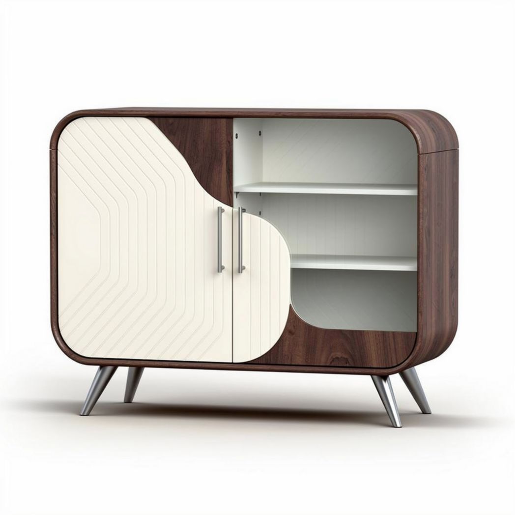 Wooden sideboard with white doors and open shelving 80 x 40 x 75cm