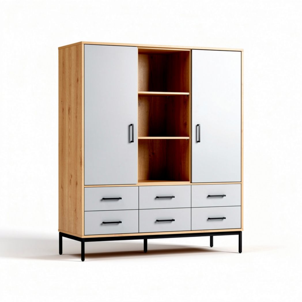 Wooden storage cabinet with adjustable shelves and six drawers 150 x 80 x 200cm