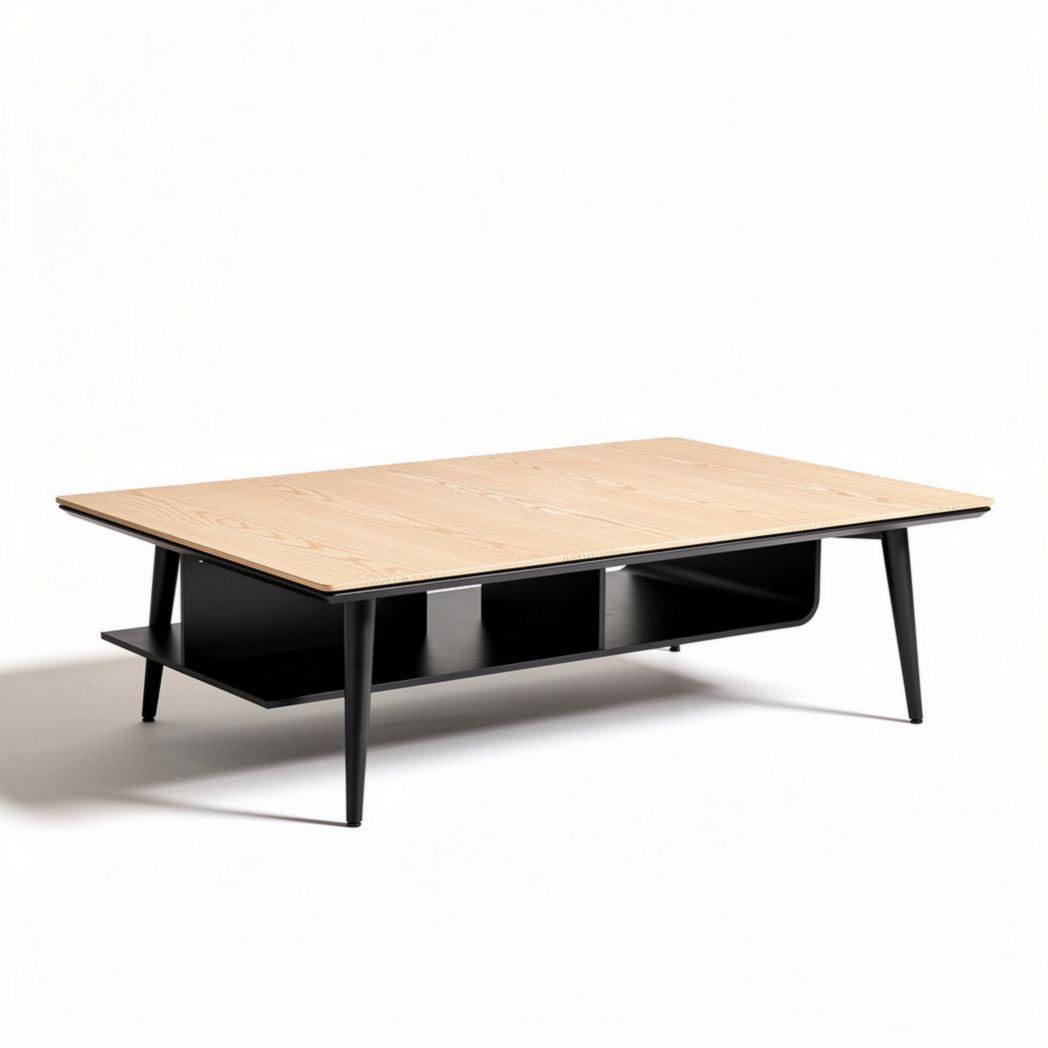 Wooden coffee table with black steel legs and storage shelf 120 x 60 x 40cm